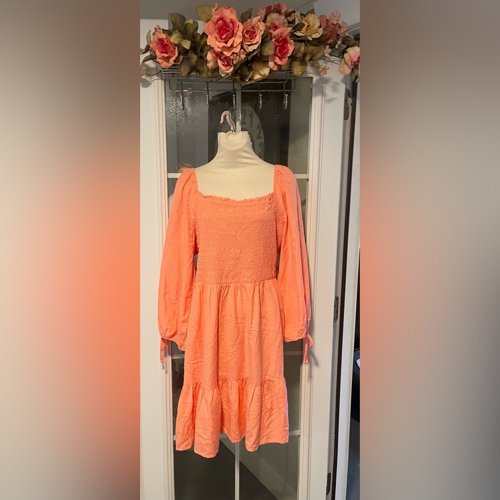 Coral Smocked Long Sleeve Dress
